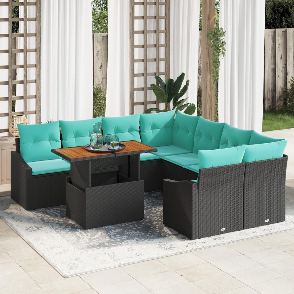 vidaXL 9 Piece Garden Sofa Set with Cushions Black Poly Rattan - 91.9×92.1×27.2