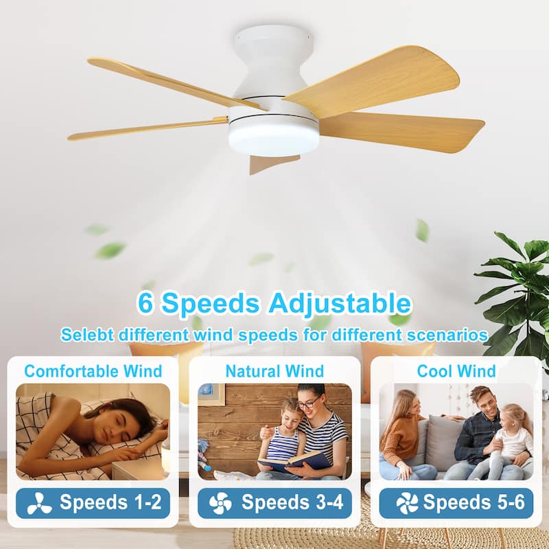 42/35 Inch Low Profile Ceiling Fan with Light: Dimmable, Remote Control, 6-Speed, 5 Blades