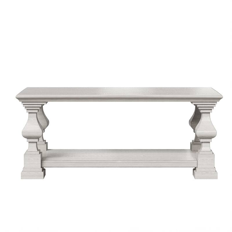 Solid Wood Coffee Table with Storage Shelf, White Washed Rustic Living Room Center Table