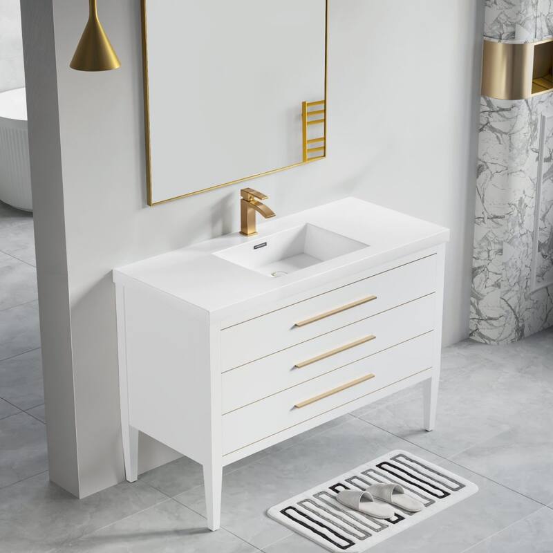 Ayer 48" Single Bathroom Vanity Set - Brass Finish - White - Brass Trim
