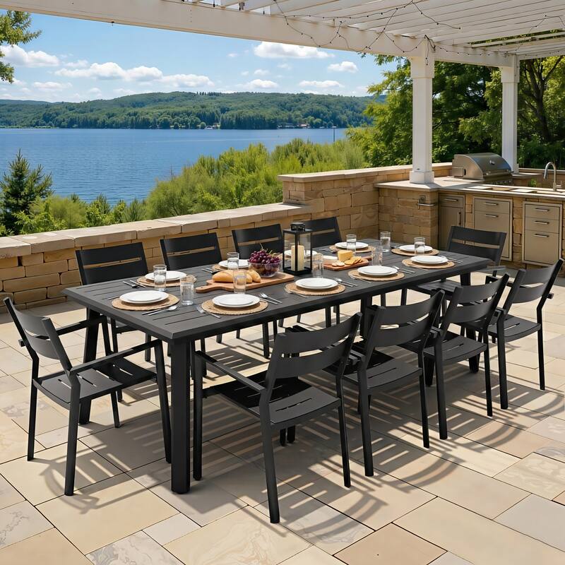 7/9/11/13-Piece Patio Dining Set Outdoor All-Weather Aluminum Dining Table with Umbrella Hole and Stackable Chairs - Set of 11 - with armchair