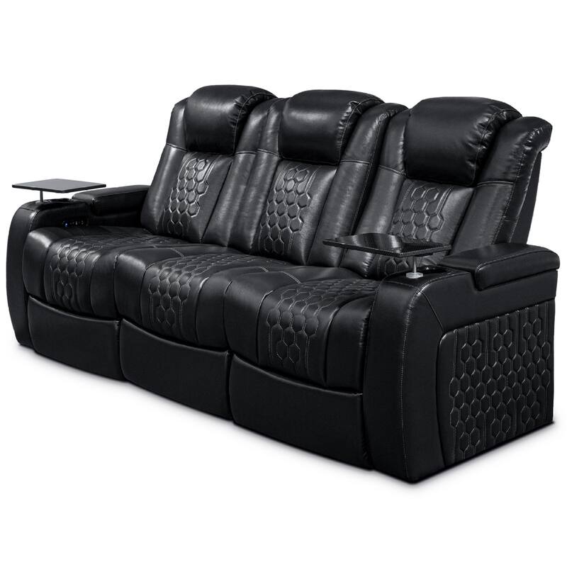Roomfitters 86.6" Power Recliner 3-Piece Set, Top-Grain Nappa Leather, 12-Color RGB LED & USB-C Charging, Black