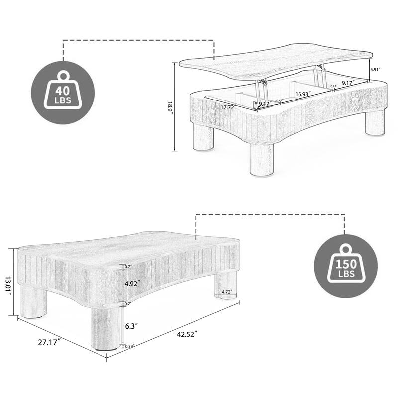 Roomfitters 42" Lift Top Coffee Table, Fluted Storage Center Table with Silent Hydraulic Lift for Living Room