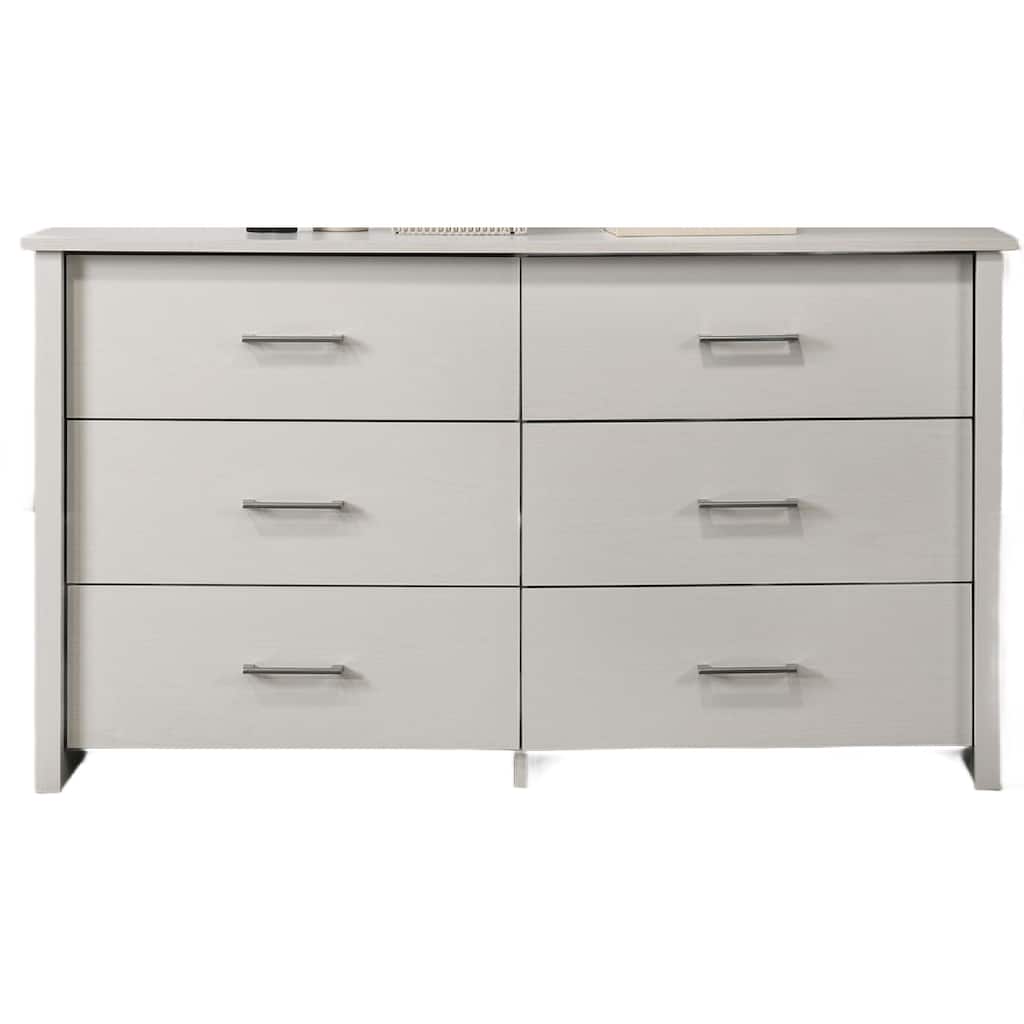 Kele Wide Dresser, 6 Drawers with Silver Handles, White Laminate
