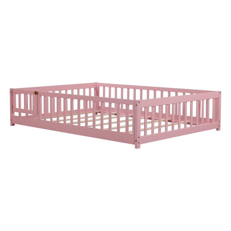 Full size Floor Platform Bed with Fence and Door