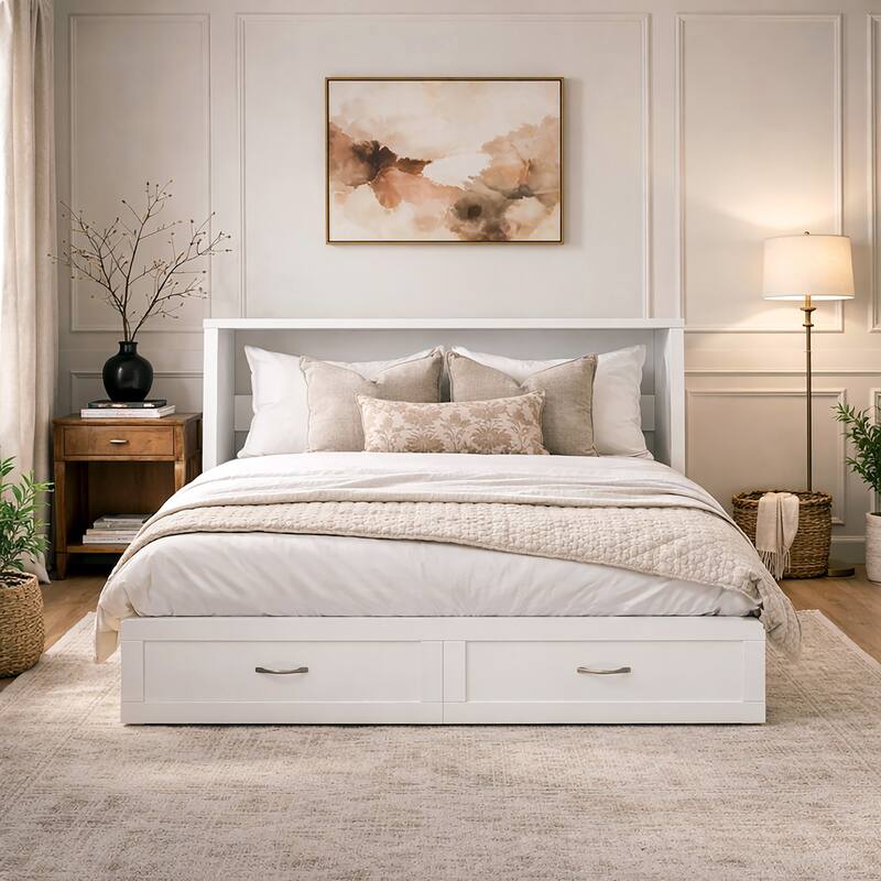 Hamilton Queen Murphy Bed Chest with 6" Mattress, Storage Drawer & Built-In Charger in White