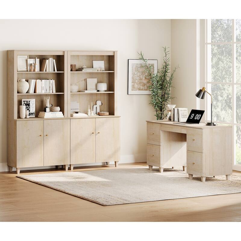 WAMPAT Home Office Furniture Set, 58" Executive Desk with Drawers, 2-Column 71" Tall Bookcase with Doors and Adjustable Shelves - Natural Oak