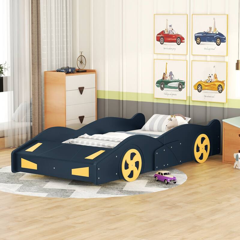 Twin Race Car Bed Floor Platform Bed Frame Aerodynamic Design with Storage Footboard and Wheels, Every kids Dream - Dark Blue