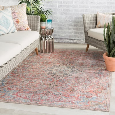 Gracewood Hollow Eddo Machine Washable Indoor/Outdoor Red and Light Blue Medallion Area Rug