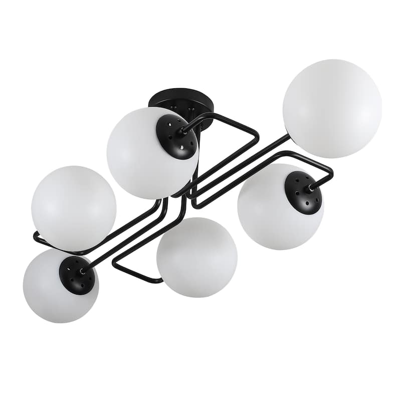 Mid - Century Modern 4 - Light Chandelier, Brass Frame with Glass Globes