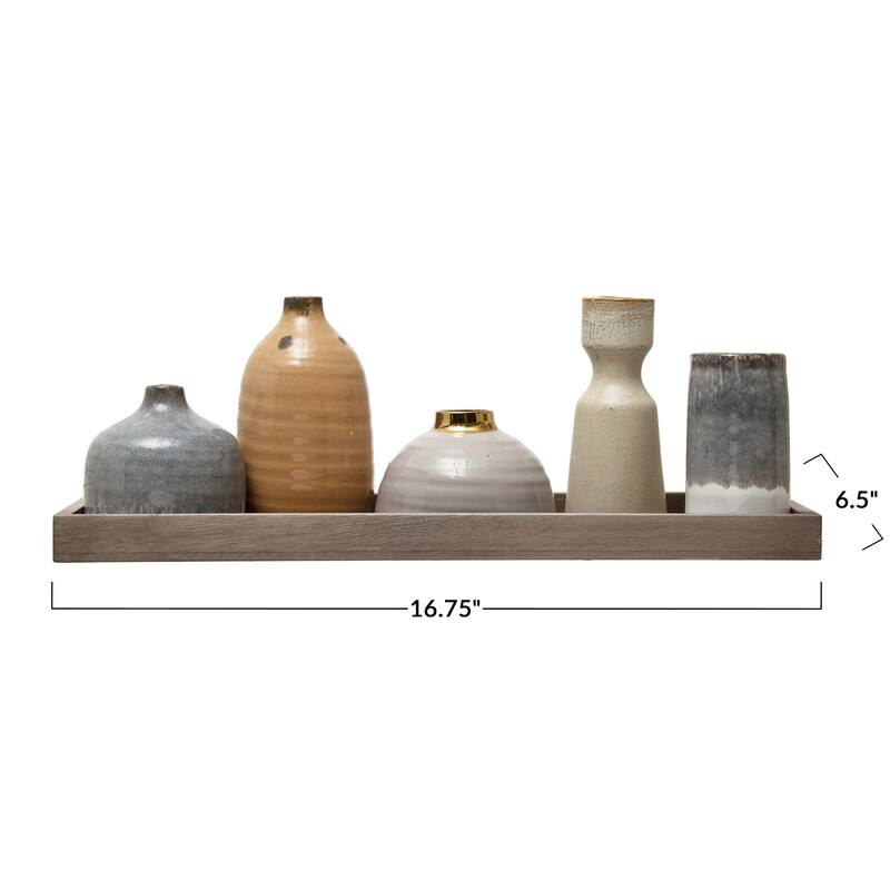Mango Wood Tray with Candle Holders and Vases