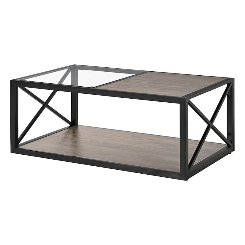 Modern Coffee Table For,Tempered Glass&Natural Wood Mdf Top,Industrial Style Coffee Table