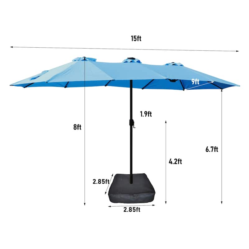 15x9ft Double-Sided Rectangular Outdoor Patio Umbrella with Light and Base - Blue