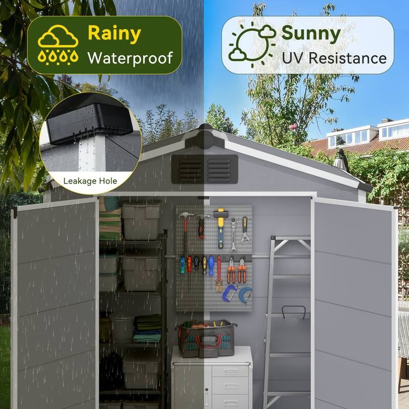 EROMMY Outdoor Storage Shed with Built-In Floor, Lockable Double Doors & Sloped Roof, Gray/Black