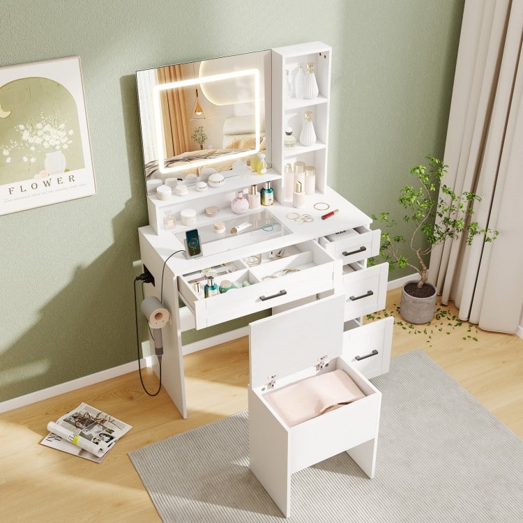 White Vanity Desk with LED Mirror Charging Station Storage Drawers and Glass Top - Table: 35.5" x 16" x 55"