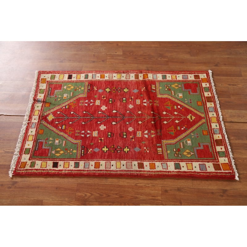 Geometric Red Abadeh Persian Vintage Area Rug Handmade Wool Carpet - 2'3"x 3'6"