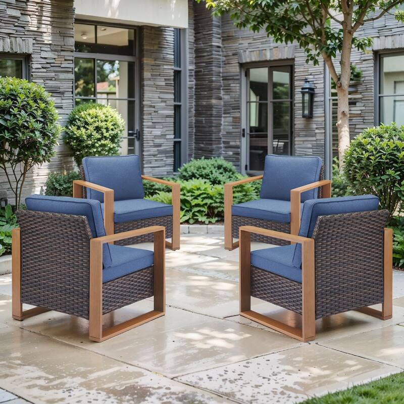 Pocassy 4 Pieces Outoor Patio Chairs Club Chair Set - Blue cushion - Brown Wicker
