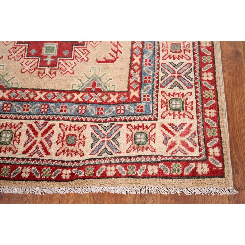Oriental Kazak Foyer Rug Hand-Knotted Traditional Beige Wool Carpet - 3'4" x 4'7"