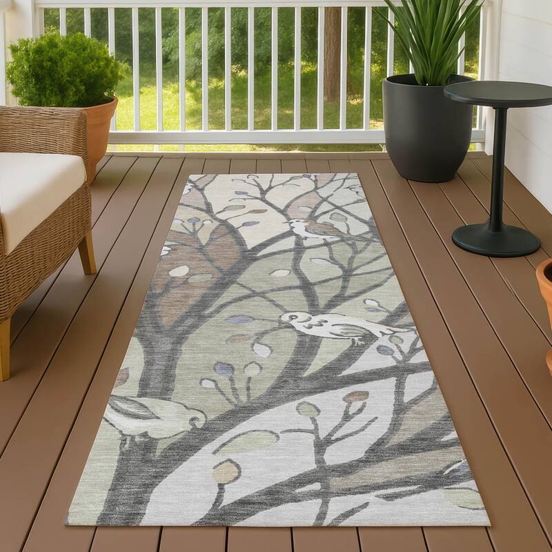 Machine Washable Indoor/ Outdoor Bird Mosaic Chantille Rug - Beige - 2'3" x 7'6"