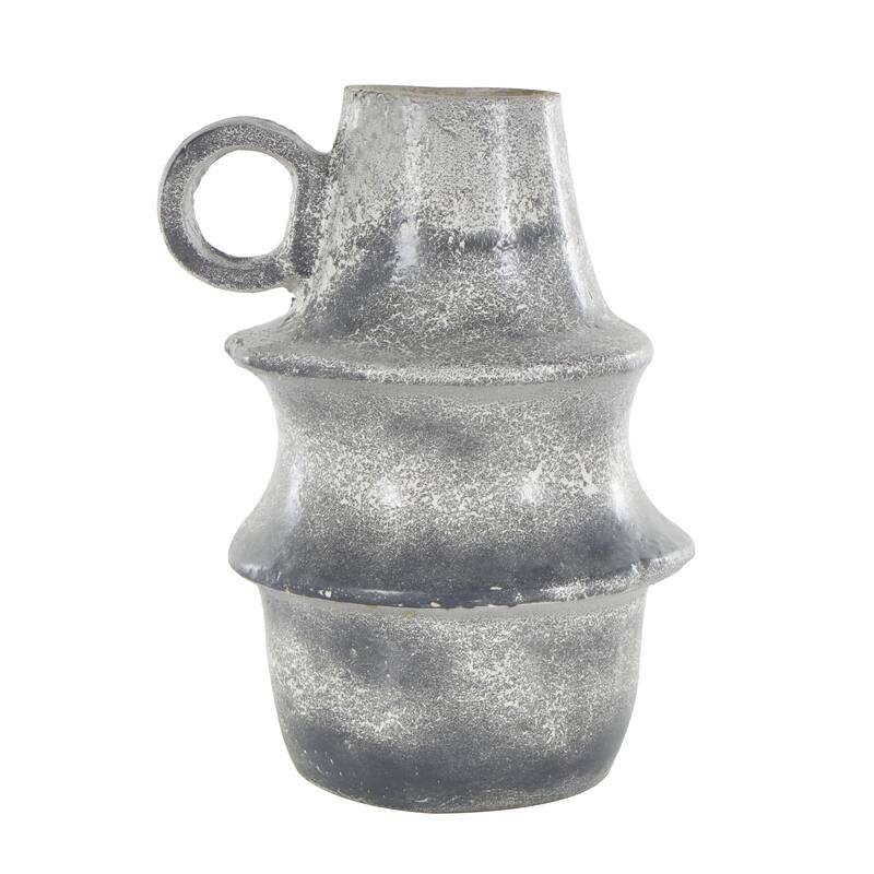 Light Gray Paper Mache Distressed Fluted Decorative Vase with Light Gray Texturing and Ring Handle