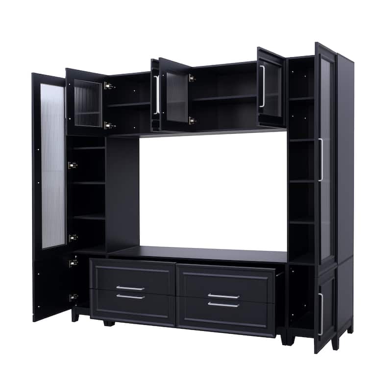 102" W Entertainment Unit TV Stand for TVs up to 75", Wall Unit Entertainment Center with Glass Cabinets
