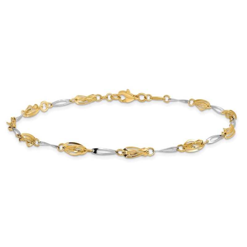 Curata Women's Italian 14k Two-Tone Gold Textured Barrel Link Anklet - 10 Inch