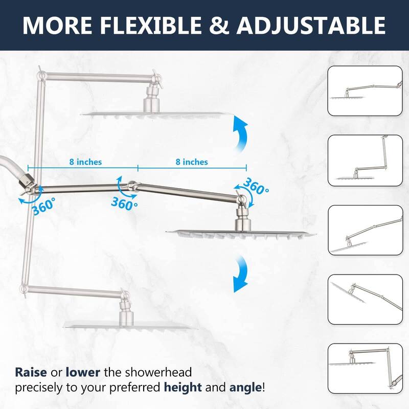 Bathlet 10 inch Rain Shower Head with Height/Angle Adjustable Extension Arm