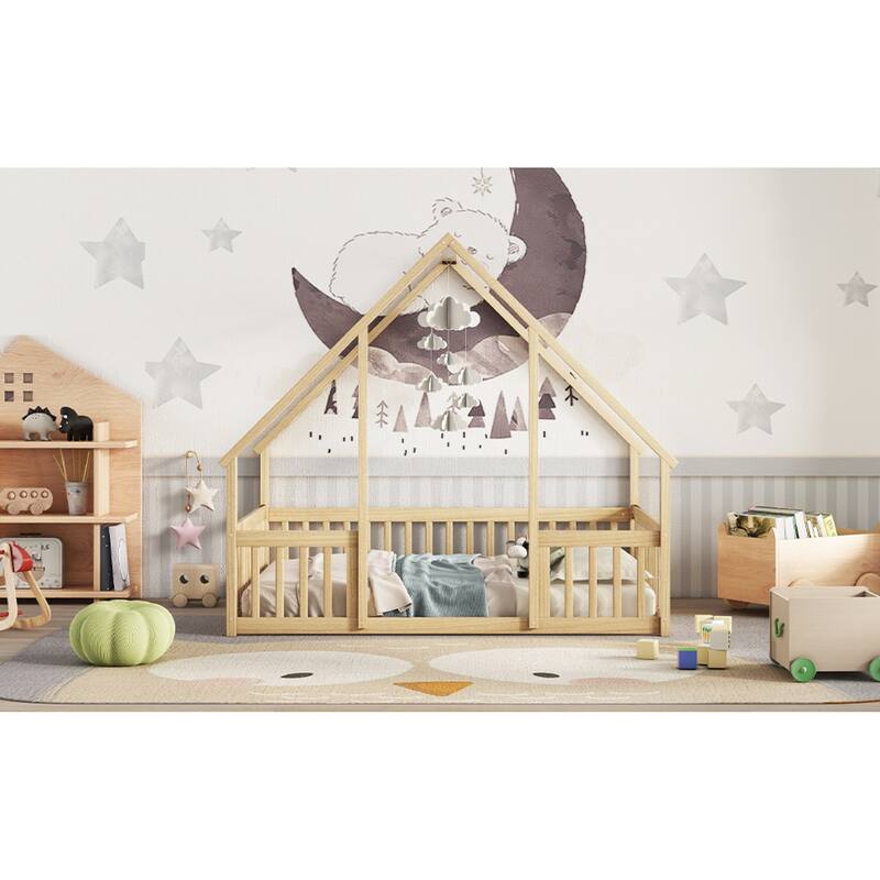 Roomfitters Twin/Full Wood House-Shaped Floor Bed with Fence and Guardrails, Low Profile Platform Bed, No Box Spring Needed