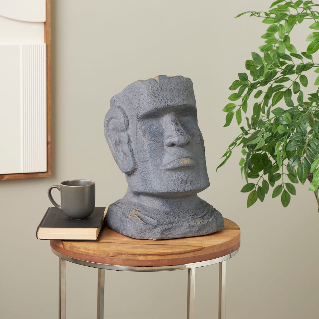 Black Magnesium Oxide Distressed Textured Easter Island Head People Indoor Outdoor Planter with Gold Accents
