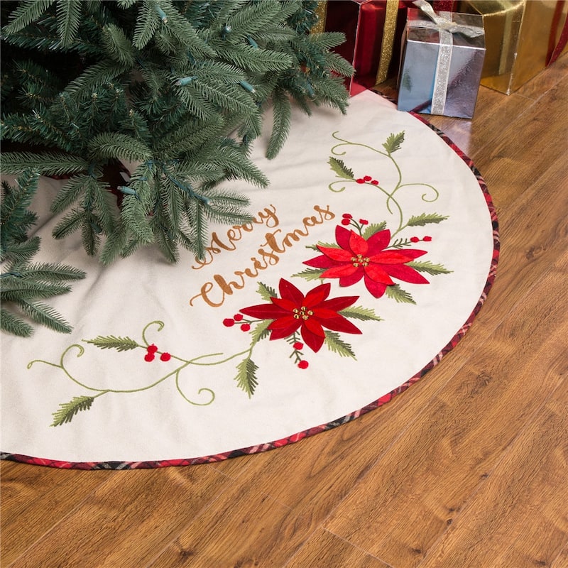 Glitzhome 48"D Fabric Merry Christmas Pompom Tree Skirts - 48"x 48"