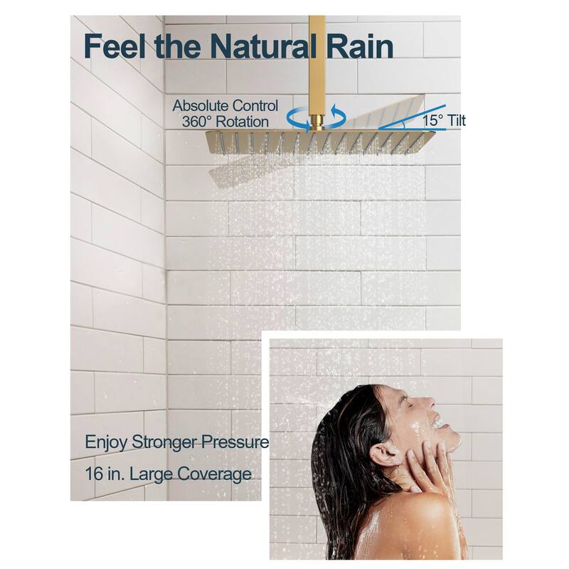 Dual Heads 16" Rainfall & High Pressure 6" Shower System w/ 3 Way Thermostatic Faucet 