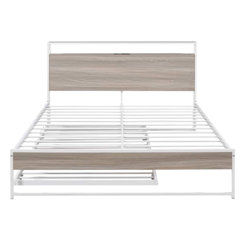 HomeRoots White Metal Queen Bed Frame With Trundle