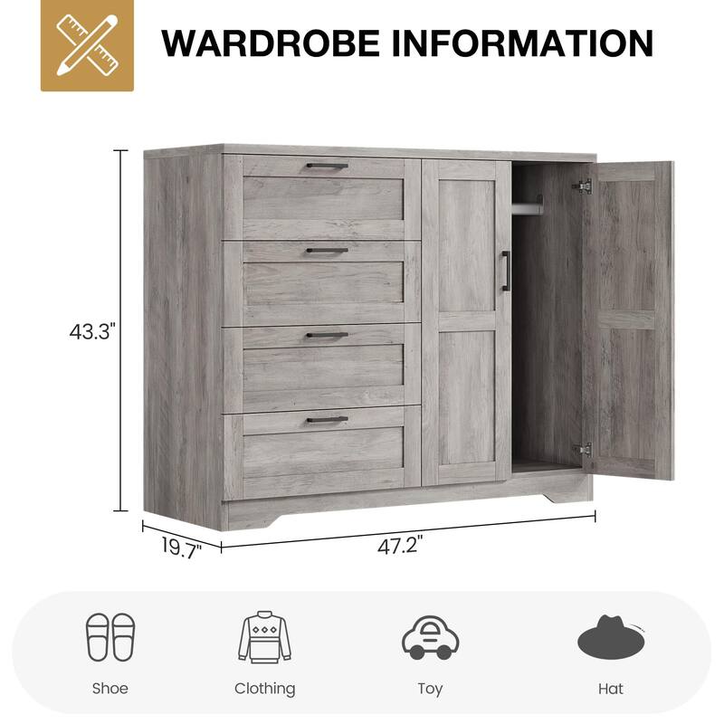 43.3" Armoire Wardrobe Closet with 4 Drawers & 2 Doors, Hanging Rod, Compact Wooden Storage Cabinet for Bedroom