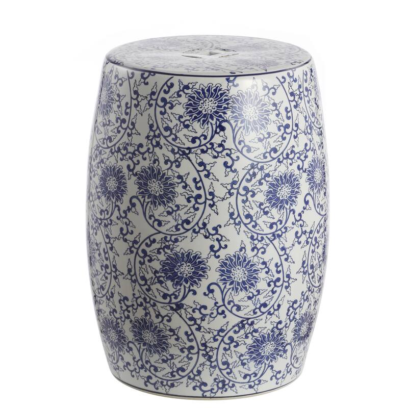 Lotus Blossom 17.5" Chinoiserie Ceramic Drum Garden Stool, Blue/White - Ceramic - Blue