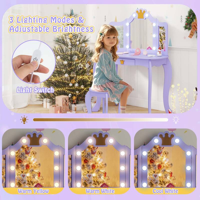 Costway Kids Vanity Set Princess Vanity Table & Chair Set with Lighted - See Details