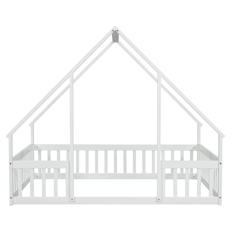 Full Size House-Shaped Floor Bed with Safety Guardrails, Pine Wood Structure, Fun & Safe Bed for Kids & Toddlers