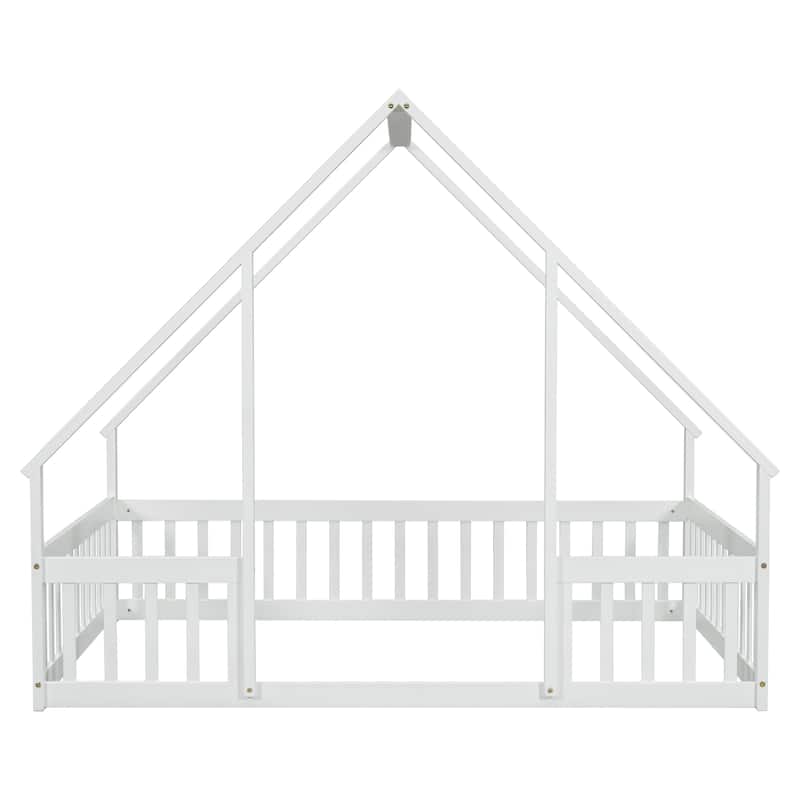 Full Size Pine Wood House-Shaped Floor Bed with Fence, Guardrails and Roof for Bedroom