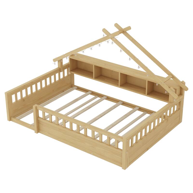 Twin/Full Floor Bed with Storage Bookshelves & Roof Shape for Kids