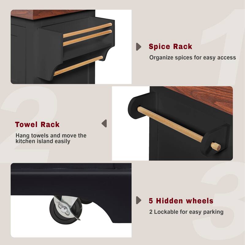 53" Large Kitchen Island with 3.5" Thick Desktop, Spice and Towel Racks, Kitchen Island with Storage on 5 Wheels, 2 Drawers