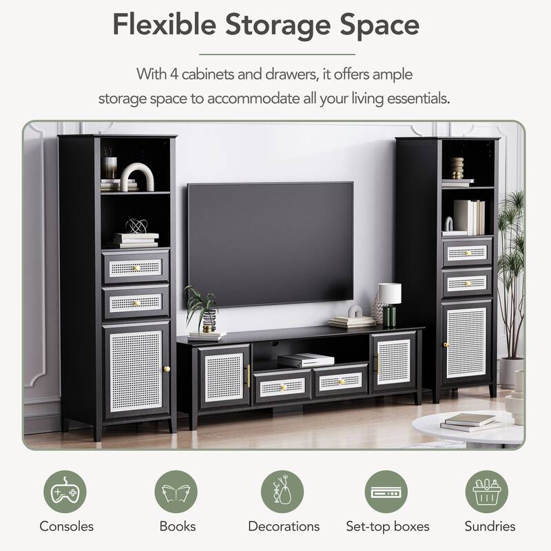 Black Rattan TV Stand Sets with TV Console and 2 Tall Cabinets - 102.10" x 15.70" x 63.00"
