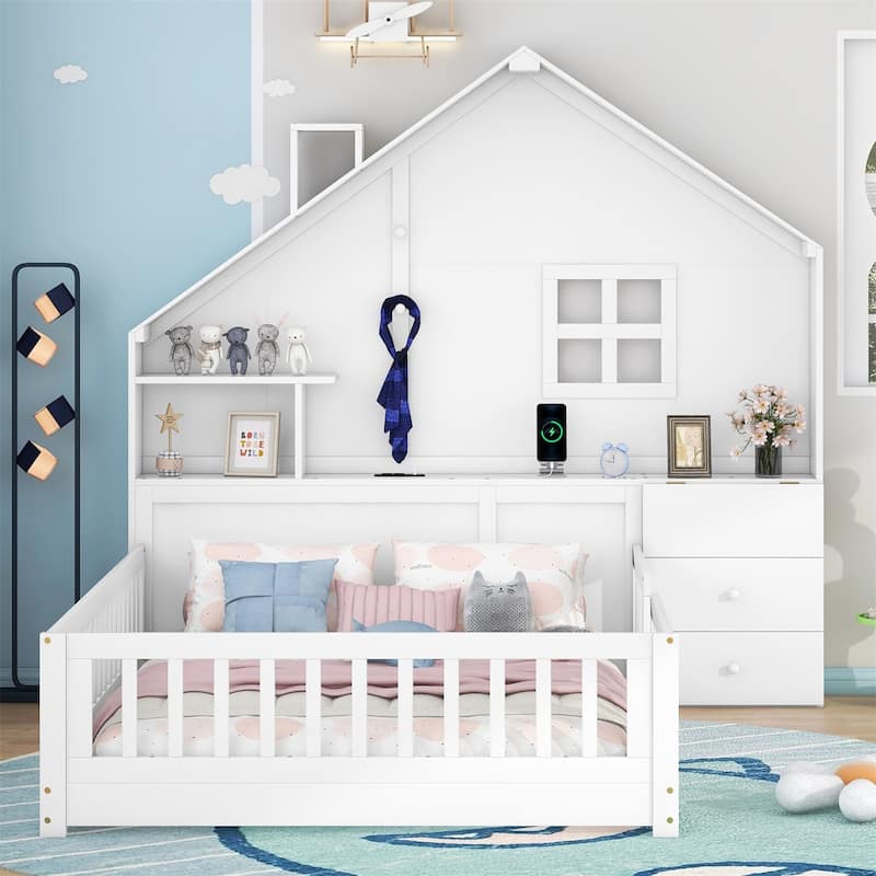 Merax House Bed with Window and Bedside Drawers - White - Full