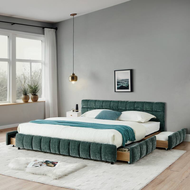 Block Thick Chenille Low Profile Platform Bed Fabric Upholstered Bedframe with Headboard Solid Wood Frame - Optional Storage Bed