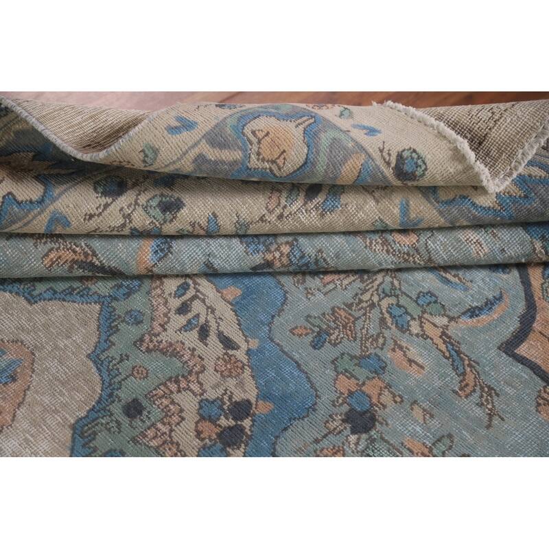 Hand Knotted Oriental 100% Wool Carpet Traditional Floral Navy Blue & Blues Tabriz Area Rug - 9' 4'' X 6' 5''