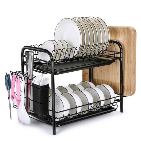 Dish Drying Rack Black , Large Capacity Dish Drying Rack Over The Sink Roll Up 2 Tier Kitchen Storage - L