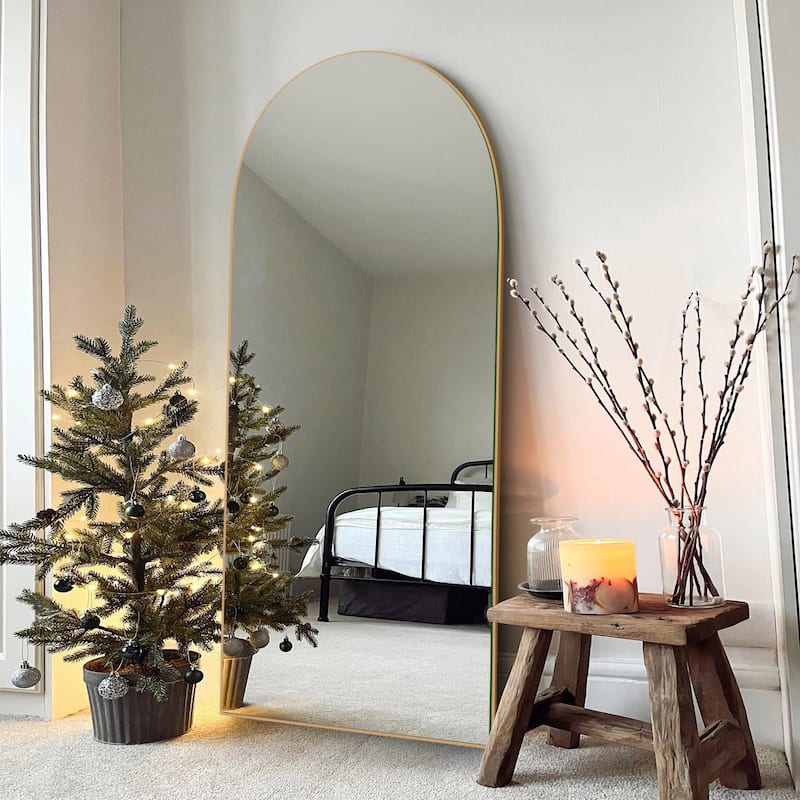 Modern Arched Full-Length Wood Floor Standing Mirror - 64.5x21.5 - Gold