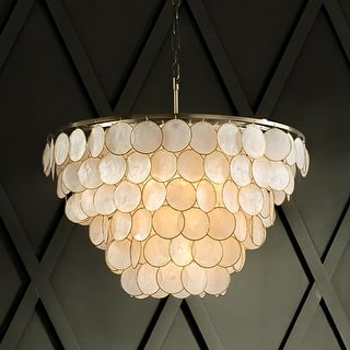 Wide Modern Coastal Aged Bronze Natural Capiz Shell Tiered Chandelier Vintage Glam Pendant For Living Room