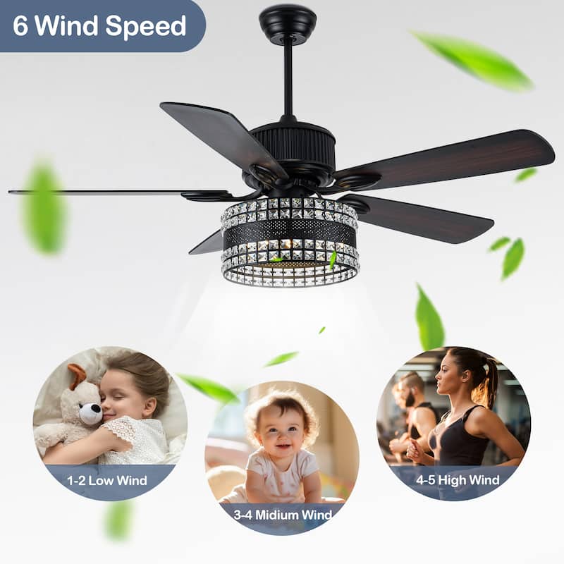 Cusp Barn 52 Inch Industrial Crystal Ceiling Fan, Modern Indoor Outdoor Lighting Fixture with Dual Finish Blades for Living Room