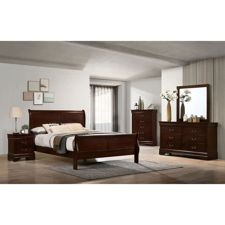 Full Size Sleigh Bed in Cherry Finish, Transitional Style Solid Wood Bedroom Furniture
