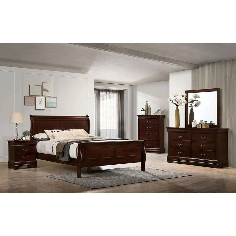 Queen Size Sleigh Bed in Cherry Finish, Transitional Style Solid Wood Bedroom Furniture