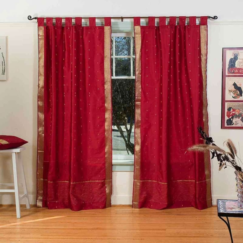 Maroon Tab Top Sheer Sari Curtain / Drape / Panel - Pair
